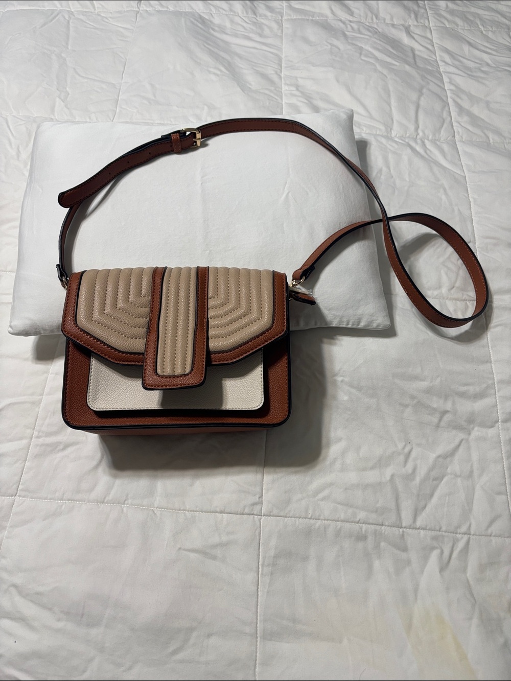 Macy's Two-Tone Brown & Cream Quilted Flap Crossbody. / Brand New